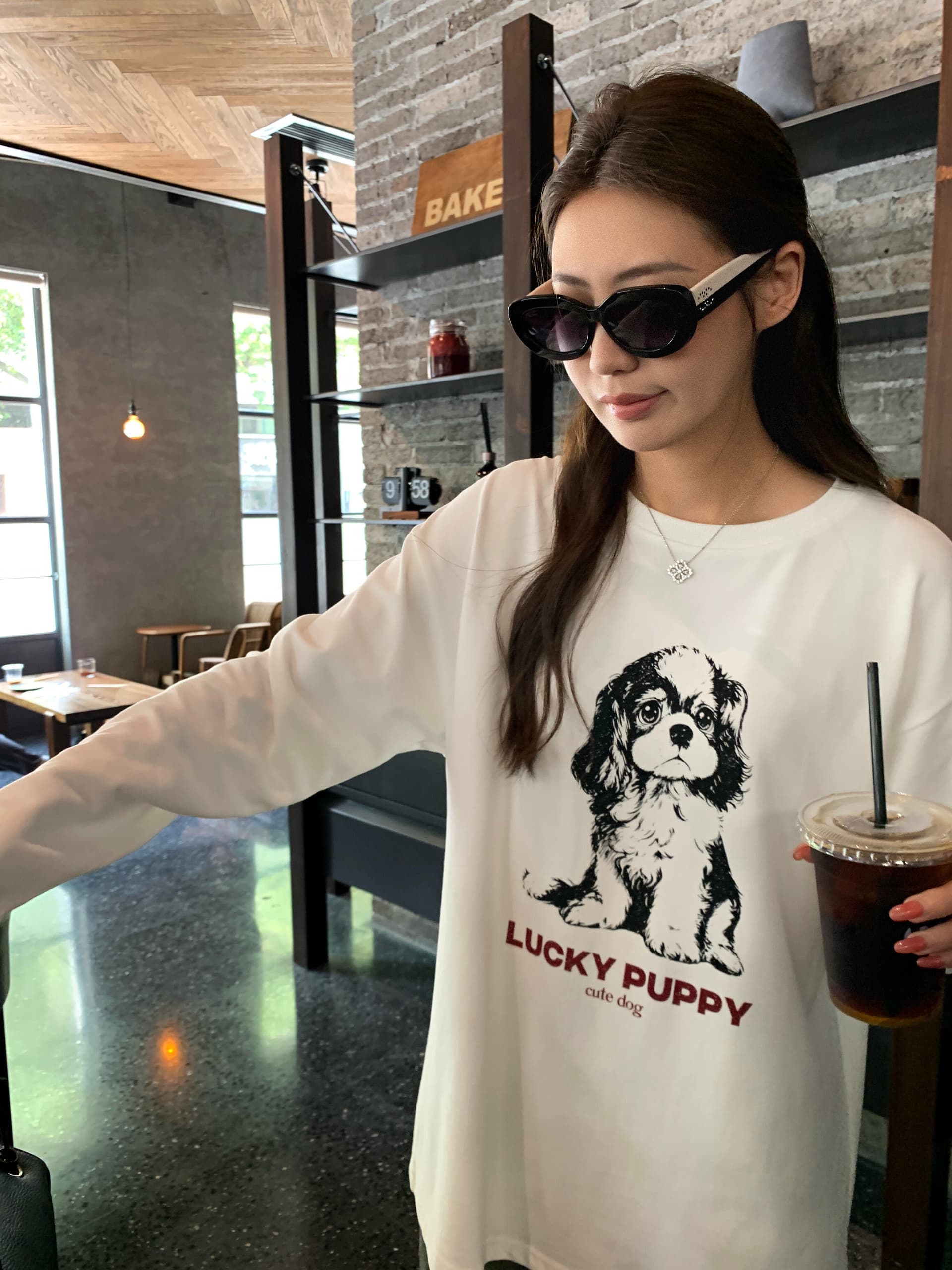 높은 품질 순면 200그램 21 빗질하다 정밀 프린트 가을 루즈핏 긴팔 티셔츠 여성 이미지 3
