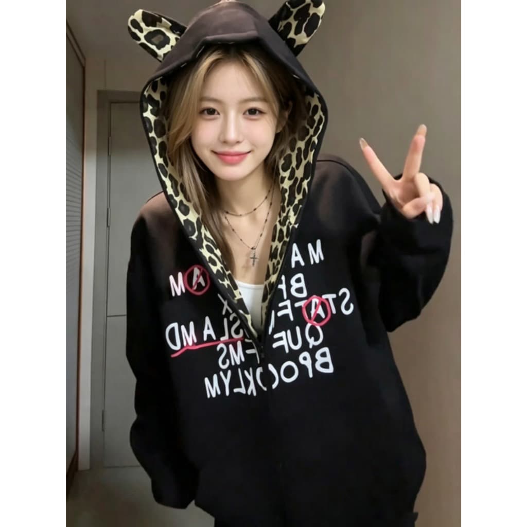 아메리칸 레트로 레오파드 무늬 패치워크 후드 티 스웨터 오픈 가디건 여성 봄 가을 재킷 맨위