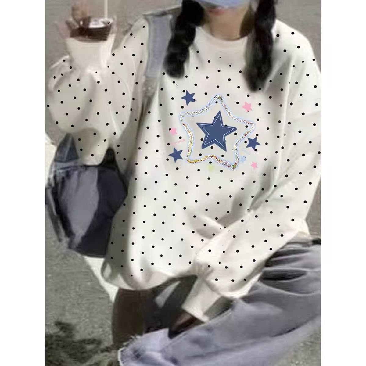 순수한 Mianhua 면 복합 얇은 스타일 털이 있는 도트 무늬 라운드 넥 프린트 후드티 여성 이미지 3