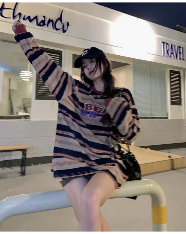 원본 품질 가을 맨위 라운드 넥 알파벳 프린트 스트라이프 싸움 풀오버 티셔츠 상세 이미지 10