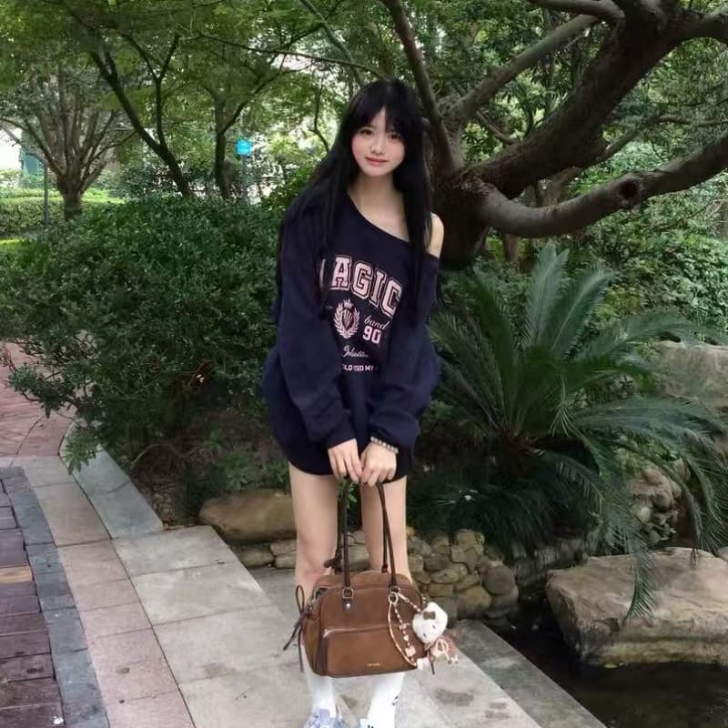아메리칸 레트로 비스듬한 어깨 후드티 여성 가을 겨울 프린트 맨위 이미지 2