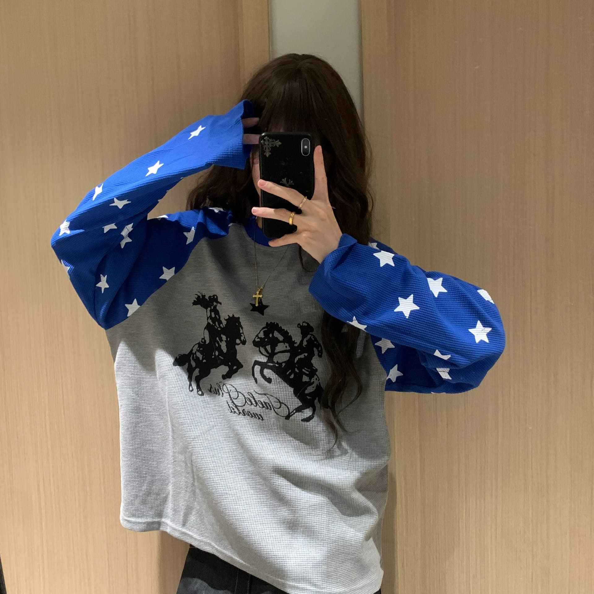 원본 솜씨 250그램 후아 남편 그리드 긴팔 티셔츠 여성 이미지 5