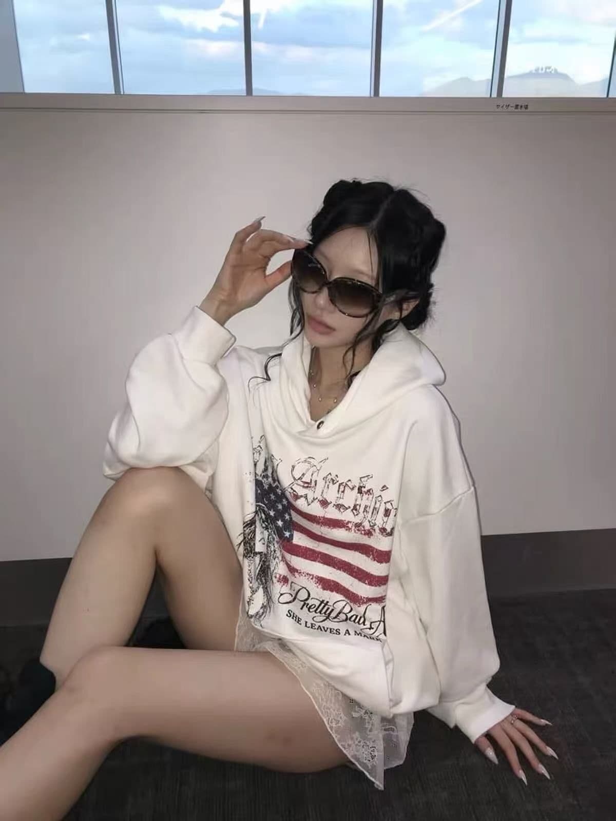 후아 면 복합 없음 모자 로프 있음 주머니 후드 티 스웨터 여성 프린트 얇은 스타일 털이 있는 이미지 4