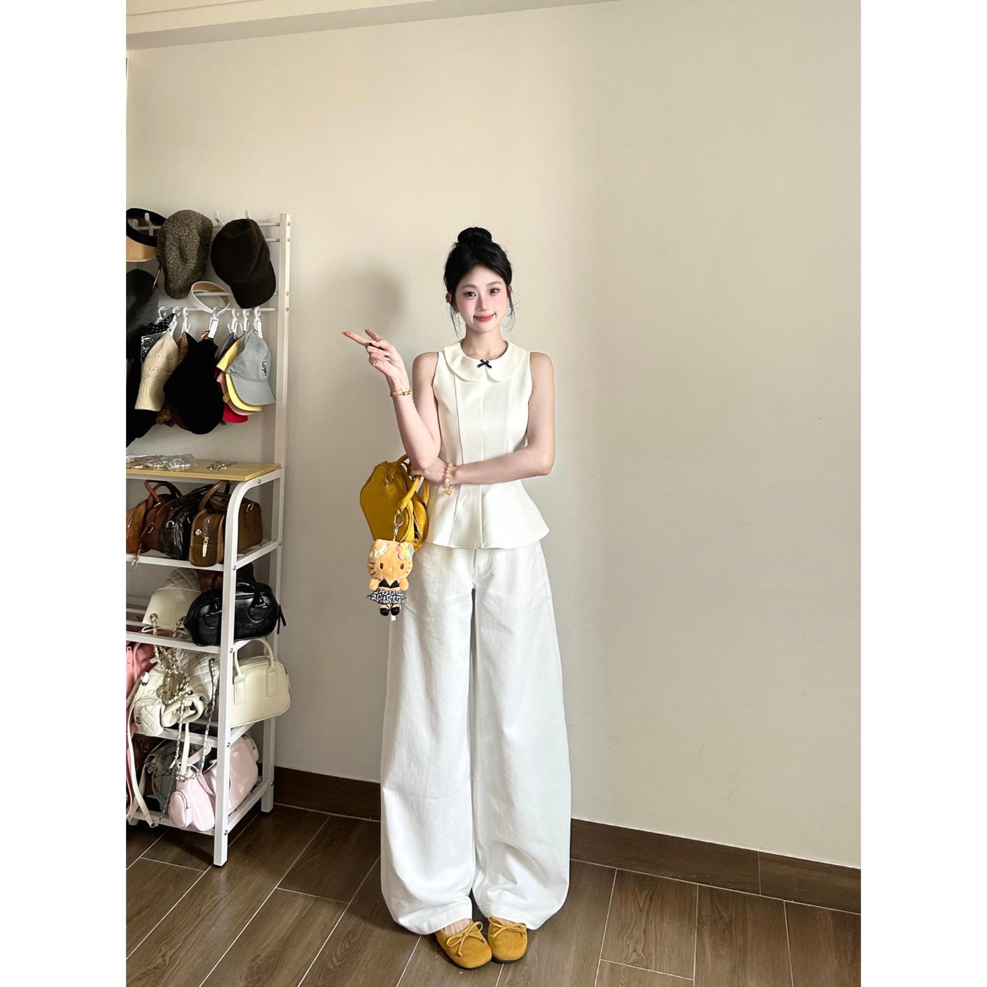 프랑스식 품격 베이비 칼라 민소매 맨위 여성 여름 세트 와이드 다리 바닥 청소 느긋한 바람 투피스 세트 이미지 4