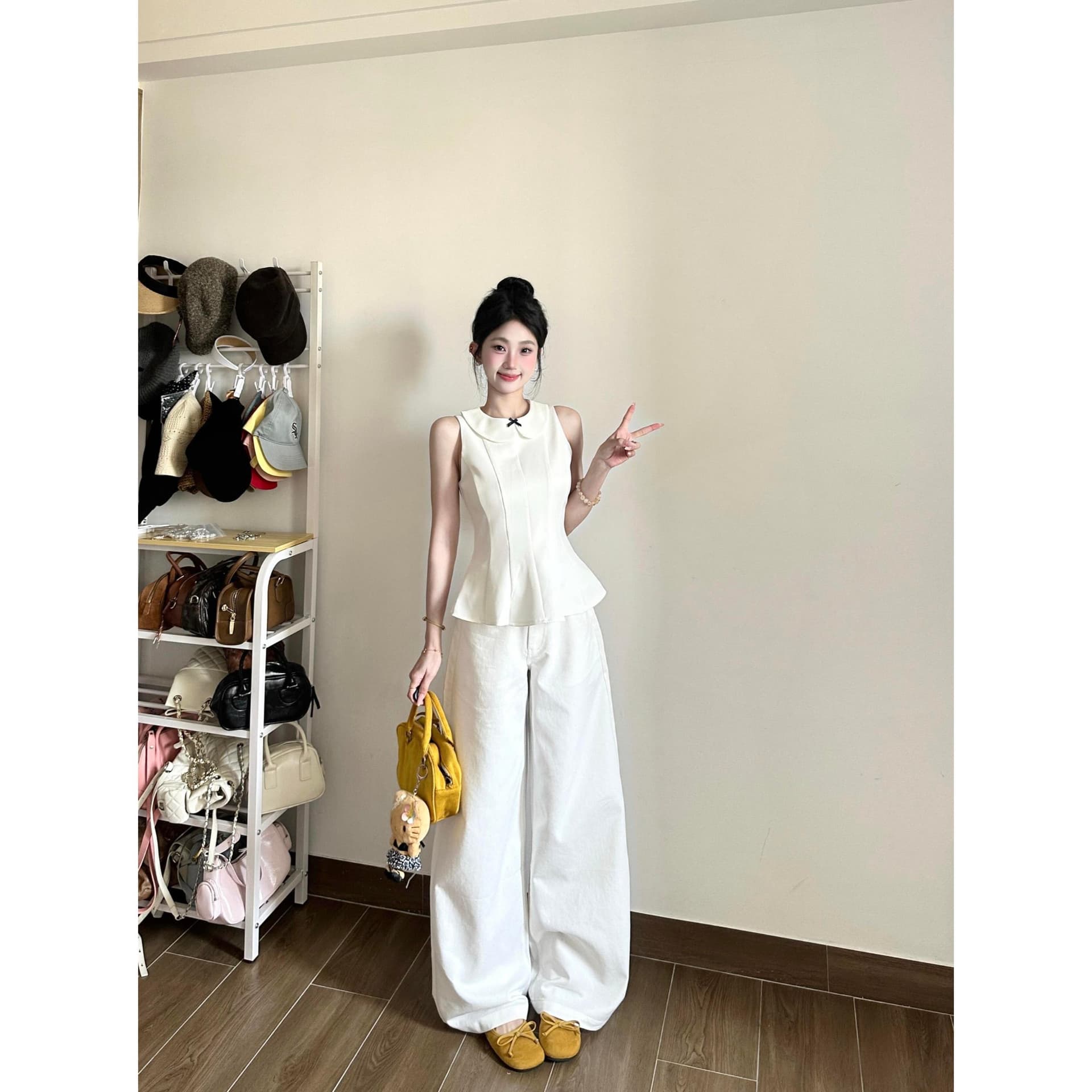 프랑스식 품격 베이비 칼라 민소매 맨위 여성 여름 세트 와이드 다리 바닥 청소 느긋한 바람 투피스 세트 이미지 2