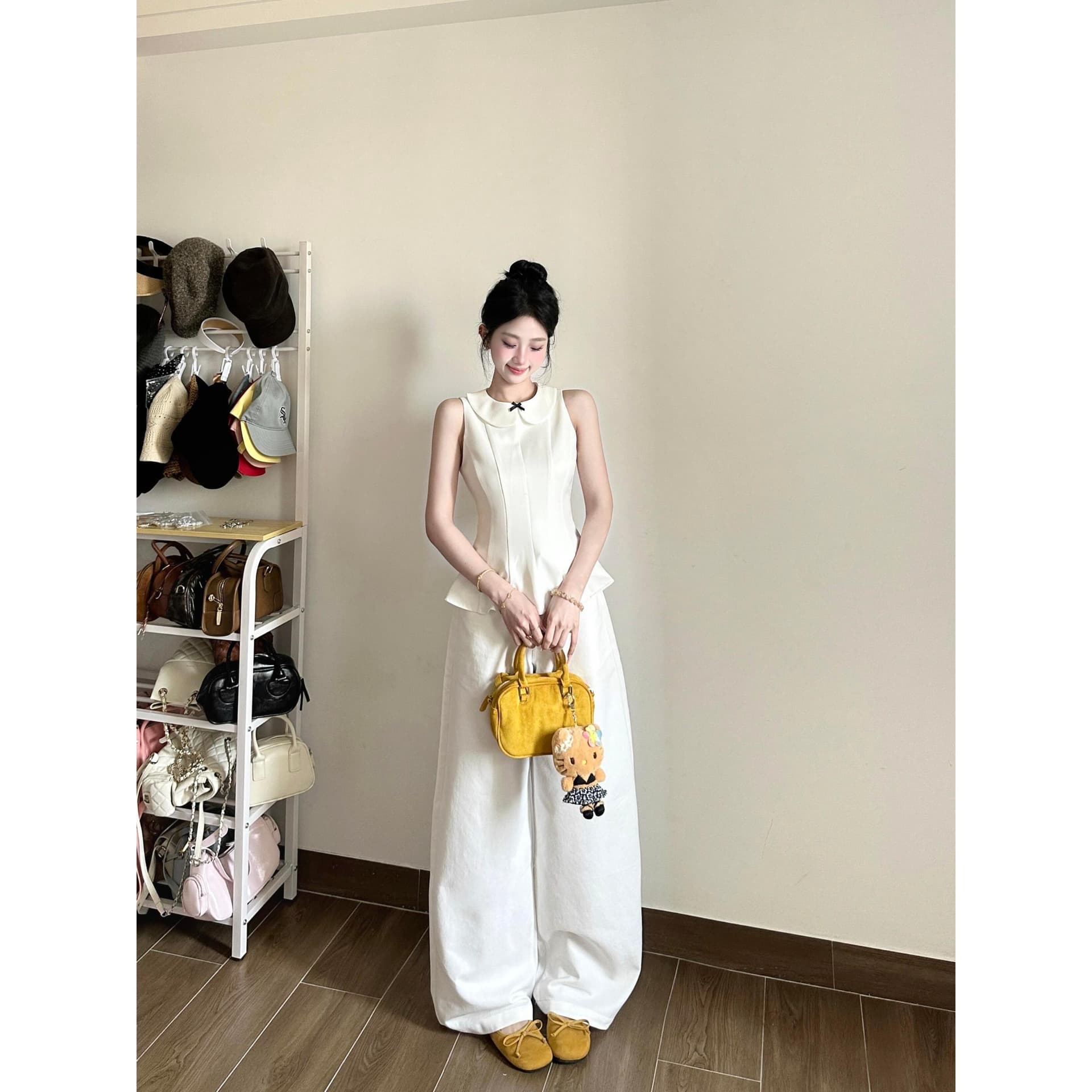 프랑스식 품격 베이비 칼라 민소매 맨위 여성 여름 세트 와이드 다리 바닥 청소 느긋한 바람 투피스 세트 이미지 3