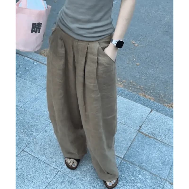 한 부서 느긋한 하이웨이스트 캐주얼 바지 여성 여름 새로운 슬림해 보이는 다용도 도루 센스 패션 와이드 레그 팬츠 이미지 4