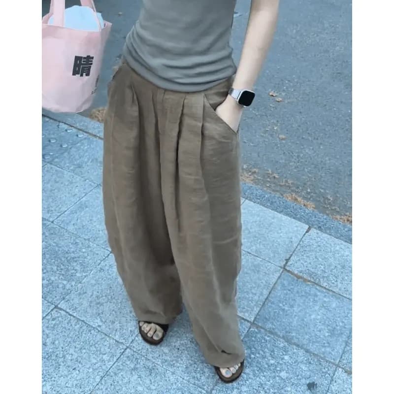 한 부서 느긋한 하이웨이스트 캐주얼 바지 여성 여름 새로운 슬림해 보이는 다용도 도루 센스 패션 와이드 레그 팬츠 상세 이미지 2