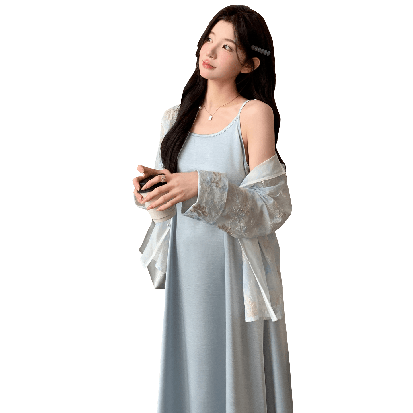 지금 2026 여름 부드러운 바람 거즈 자수 자외선 차단 오픈 가디건 새틴 슬립 롱 스커트 루즈핏 슬림해 보이는 임산부 세트 이미지 6
