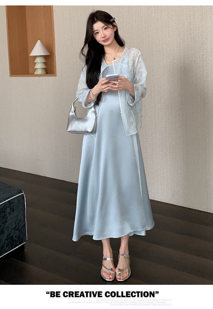 지금 2026 여름 부드러운 바람 거즈 자수 자외선 차단 오픈 가디건 새틴 슬립 롱 스커트 루즈핏 슬림해 보이는 임산부 세트 상세 이미지 12