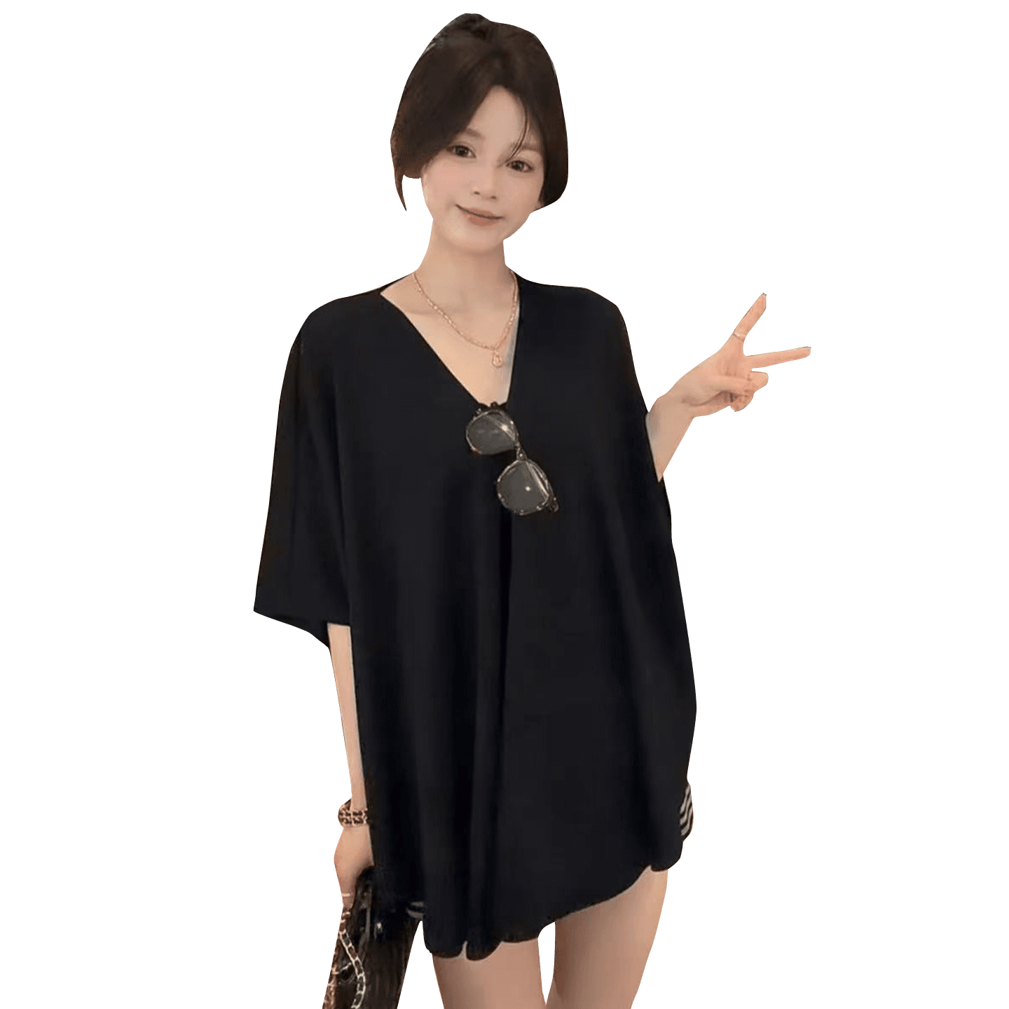 2026 여름 품격 박쥐 반팔 루즈핏 슬림해 보이는 편안함 통기성 불규칙 디자인 임산부 다용도 티셔츠 이미지 5