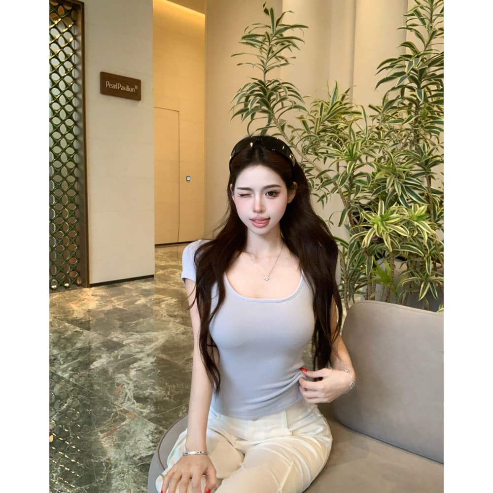 실사 순수한 욕망 반팔 티셔츠 u 넥타이 가슴 패드 허리 수축 몸매 가꾸기 긍정적 인 어깨 의류 이미지 5