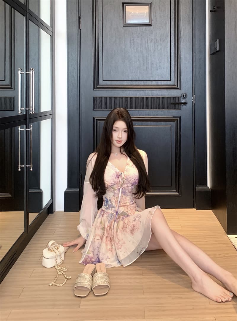 디자인 센스 품격 허리 수축 슬림해 보이는 미니 스커트 등나무 꽃 여성 드레스 상세 이미지 5