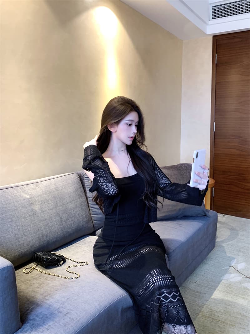실사 가을 오래된 돈 휴가 센스 홀로우 아웃 조끼 스커트 오픈 가디건 세트 상세 이미지 2