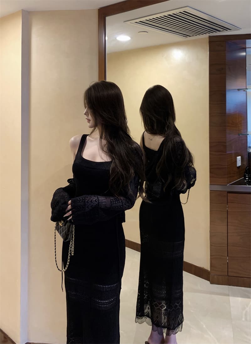 실사 가을 오래된 돈 휴가 센스 홀로우 아웃 조끼 스커트 오픈 가디건 세트 상세 이미지 5