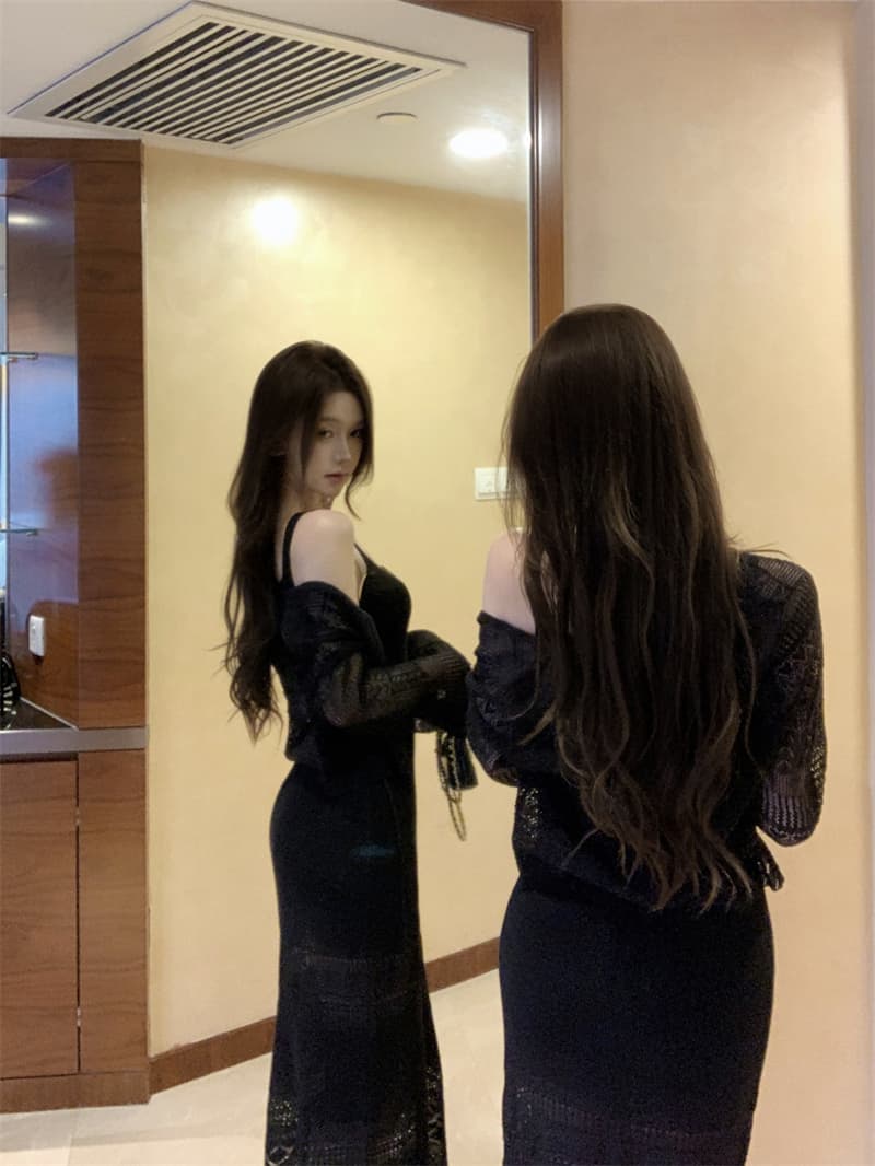 실사 가을 오래된 돈 휴가 센스 홀로우 아웃 조끼 스커트 오픈 가디건 세트 상세 이미지 6