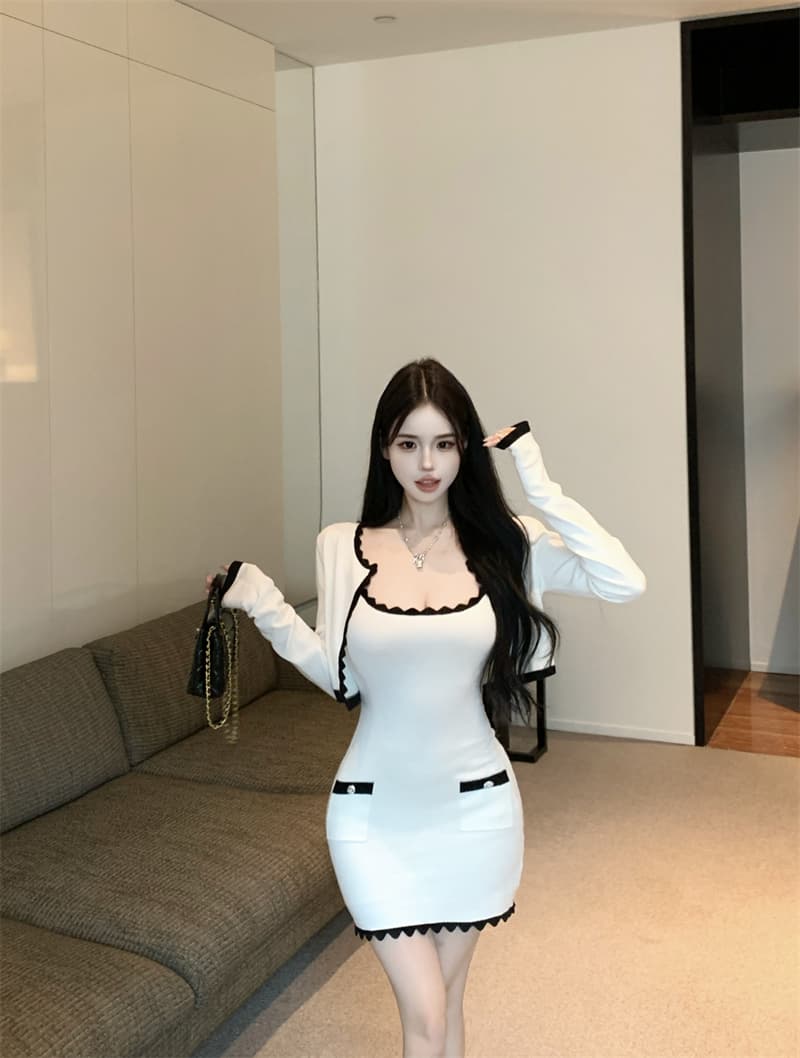 실사 디자인 센스 물결무늬 측면 배색 순수한 욕망 품격 만나는 슬립 드레스 니트 오픈 가디건 세트 상세 이미지 6