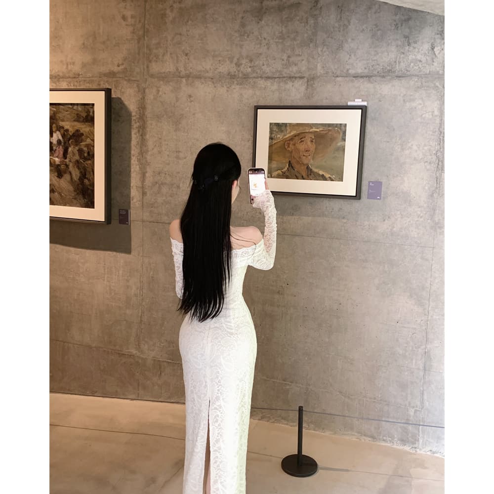 실사 아름다운 오프숄더 V넥 긴팔 드레스 레이스 나비 매듭 품격 스커트 스커트 이미지 5