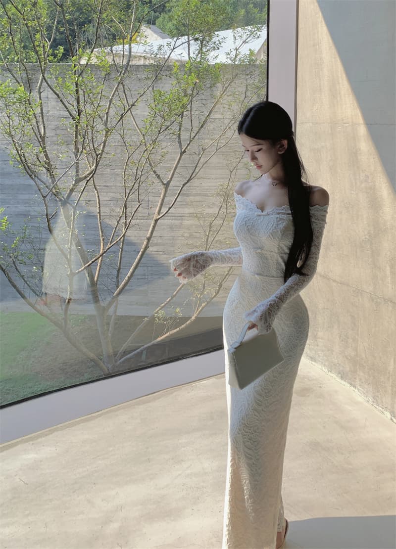 실사 아름다운 오프숄더 V넥 긴팔 드레스 레이스 나비 매듭 품격 스커트 스커트 상세 이미지 1