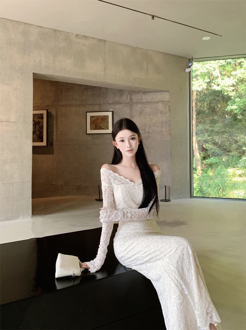 실사 아름다운 오프숄더 V넥 긴팔 드레스 레이스 나비 매듭 품격 스커트 스커트 상세 이미지 3