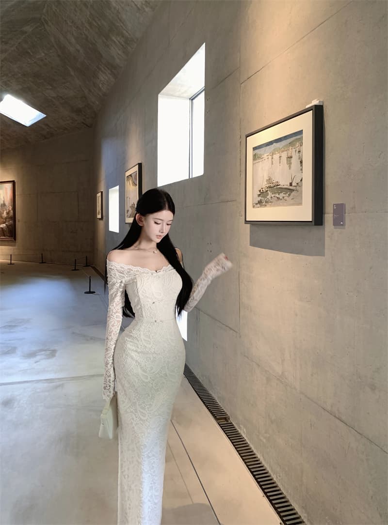실사 아름다운 오프숄더 V넥 긴팔 드레스 레이스 나비 매듭 품격 스커트 스커트 상세 이미지 5