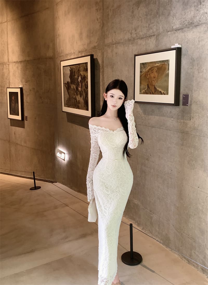 실사 아름다운 오프숄더 V넥 긴팔 드레스 레이스 나비 매듭 품격 스커트 스커트 상세 이미지 6