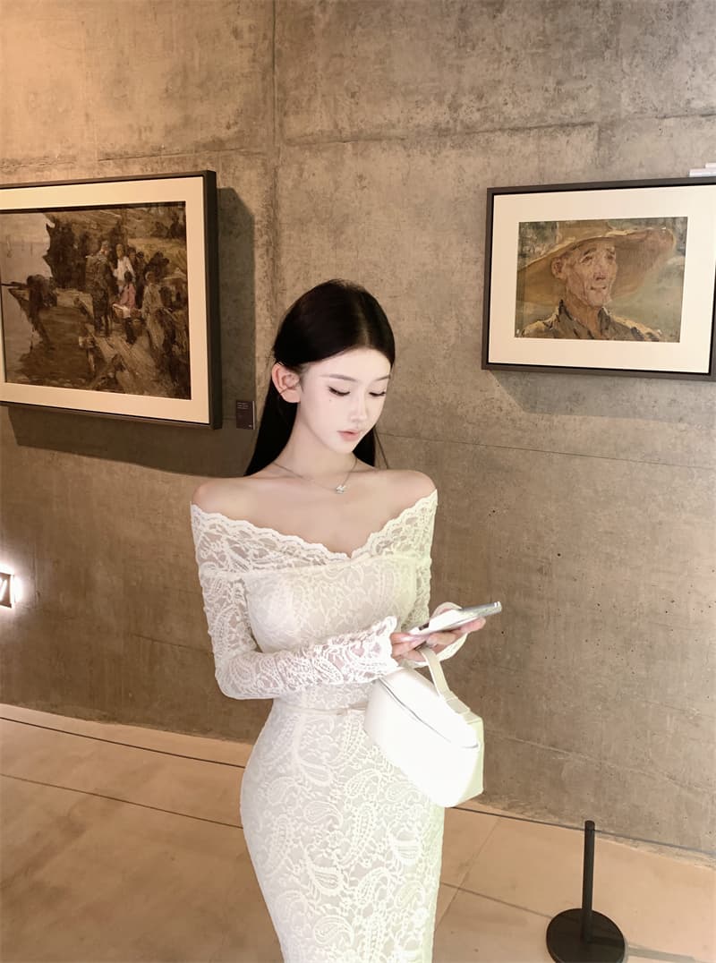 실사 아름다운 오프숄더 V넥 긴팔 드레스 레이스 나비 매듭 품격 스커트 스커트 상세 이미지 9