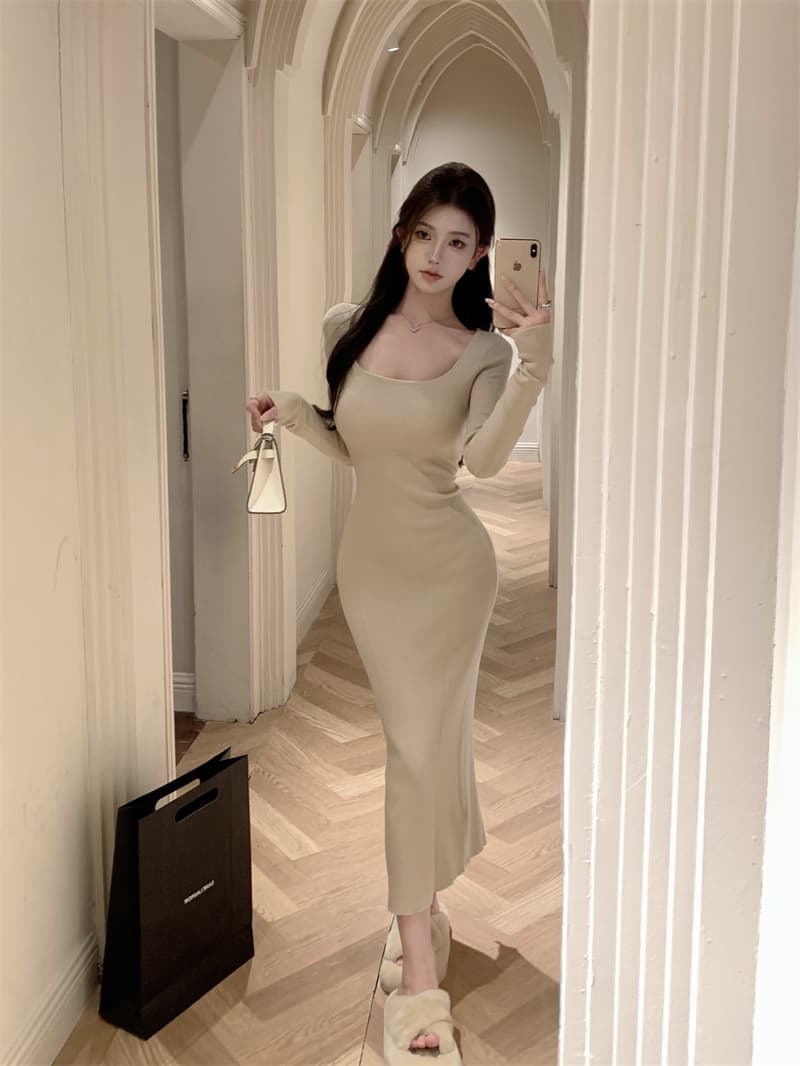 실사 가을 긴팔 니트 원피스 미니멀리즘 다용도 광장 칼라 드레스 이미지 2