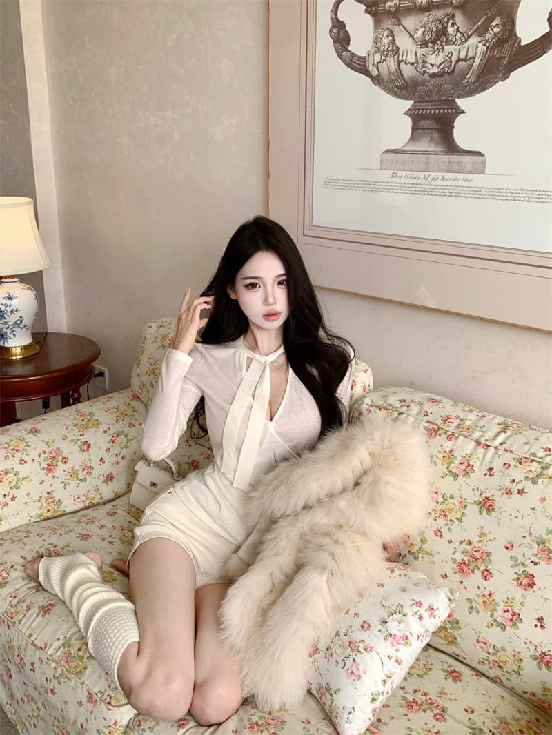 실사 가을 새로운 가슴 레이스업 디자인 순수한 욕망 섹시함 털 니트 기본 셔츠 상세 이미지 3