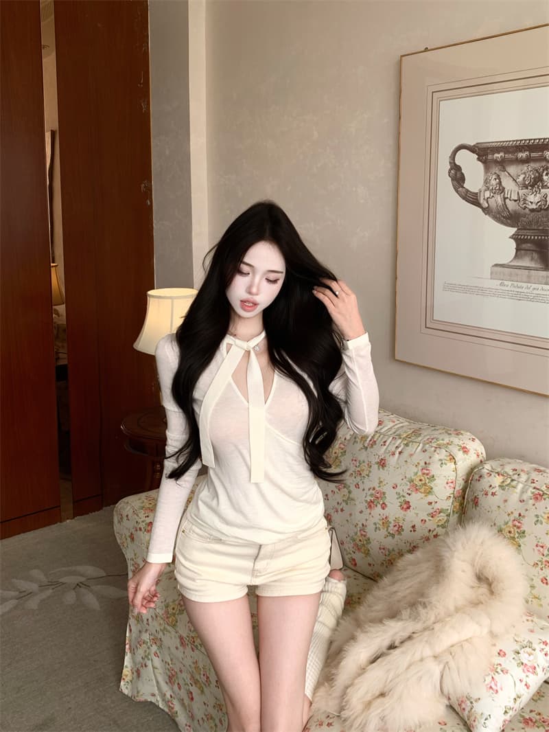 실사 가을 새로운 가슴 레이스업 디자인 순수한 욕망 섹시함 털 니트 기본 셔츠 상세 이미지 8