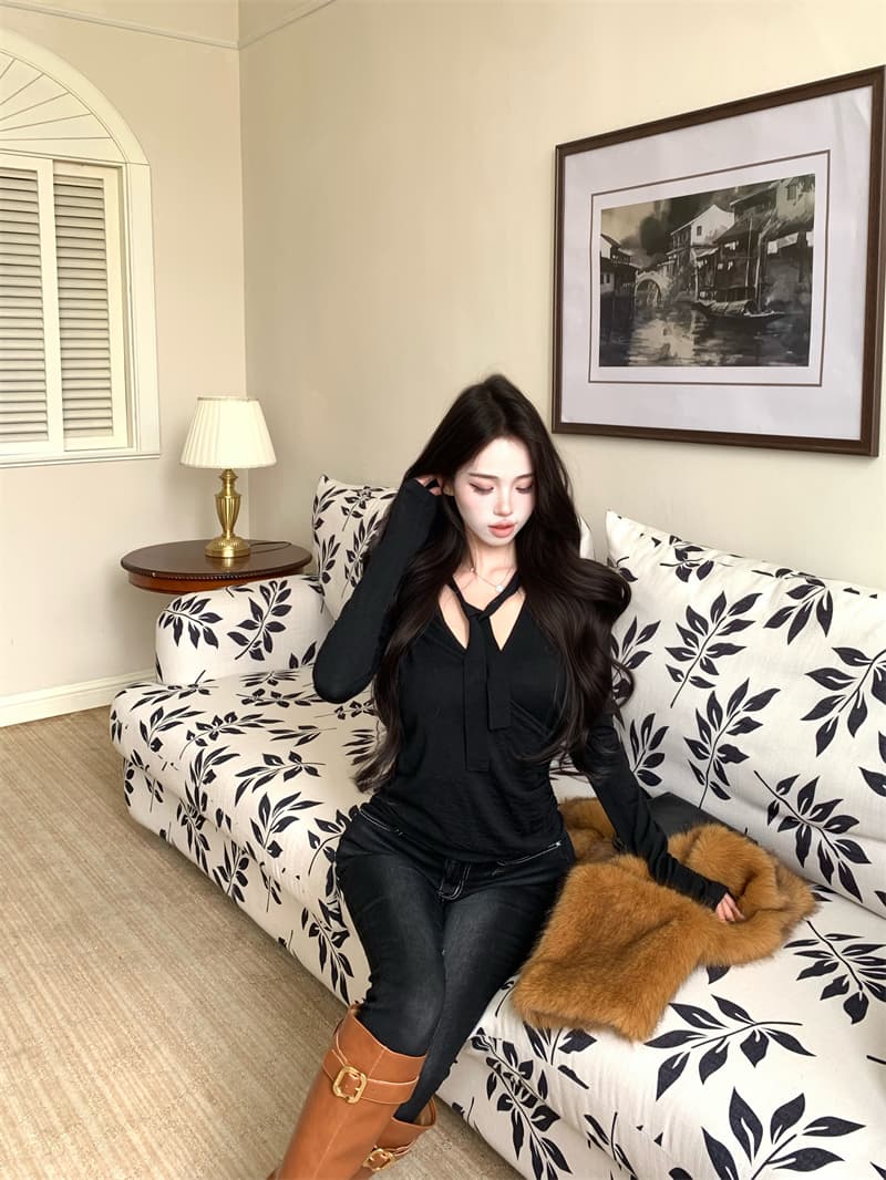 실사 가을 새로운 가슴 레이스업 디자인 순수한 욕망 섹시함 털 니트 기본 셔츠 상세 이미지 26