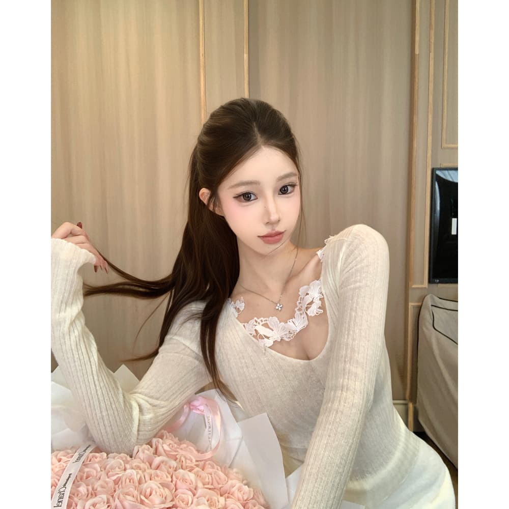 실사 가을 디자인 센스 레이스 홀로우 아웃 니트 맨위 상세 이미지 15