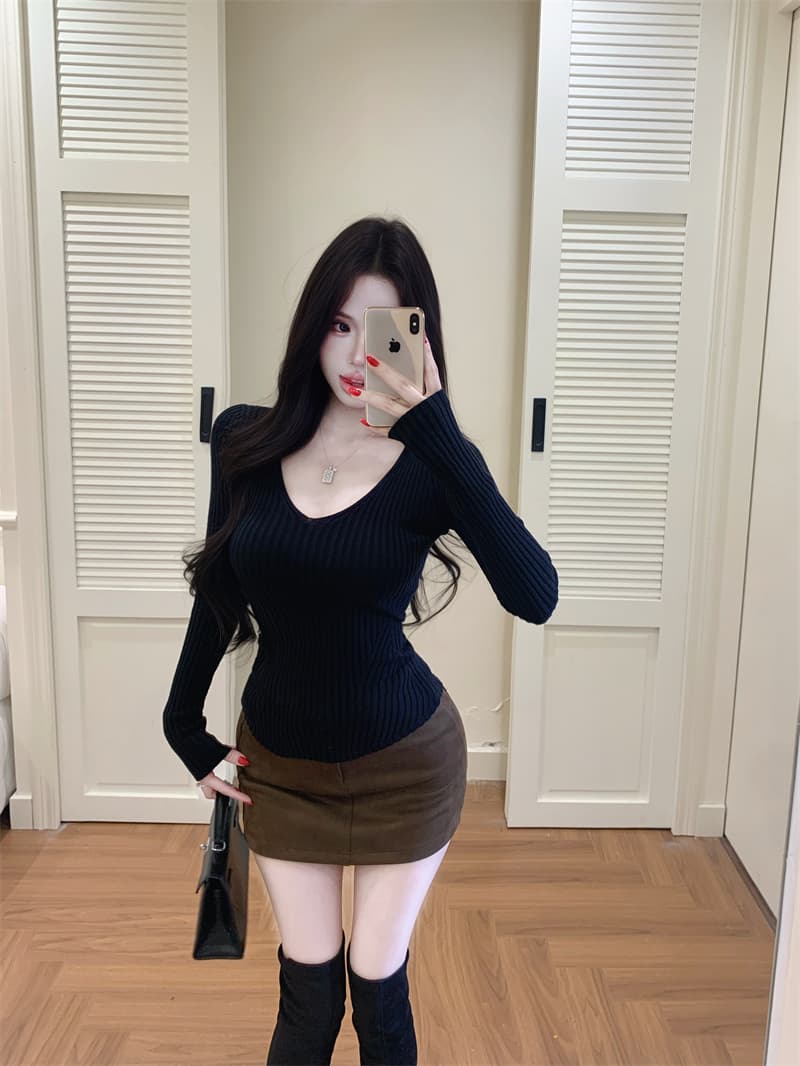 실사 품격 몸매 가꾸기 슬림해 보이는 V넥 다용도 니트 순수한 욕망 인사이드 잡아라. 의류 이미지 4