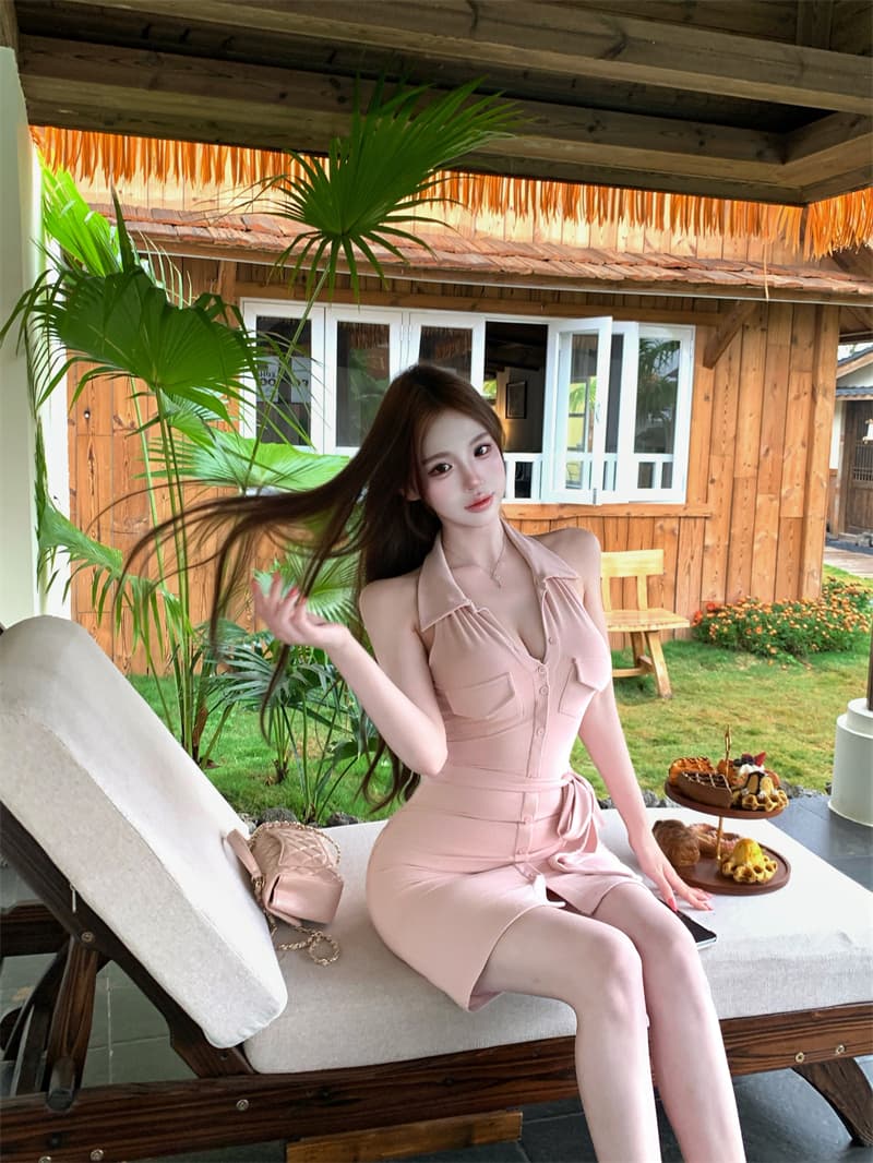 실사 더블 색상 드레스 허리 수축 레이스업 몸매 가꾸기 슬림해 보이는 품격 폴로 칼라 니트 타이트 스커트 상세 이미지 3
