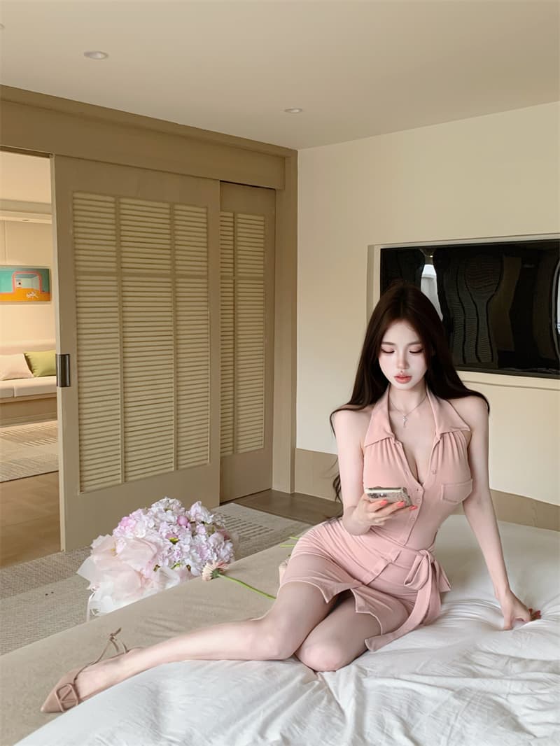 실사 더블 색상 드레스 허리 수축 레이스업 몸매 가꾸기 슬림해 보이는 품격 폴로 칼라 니트 타이트 스커트 상세 이미지 7