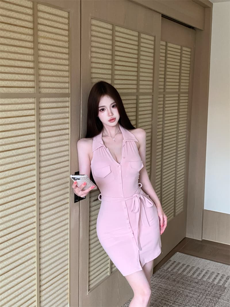 실사 더블 색상 드레스 허리 수축 레이스업 몸매 가꾸기 슬림해 보이는 품격 폴로 칼라 니트 타이트 스커트 상세 이미지 8
