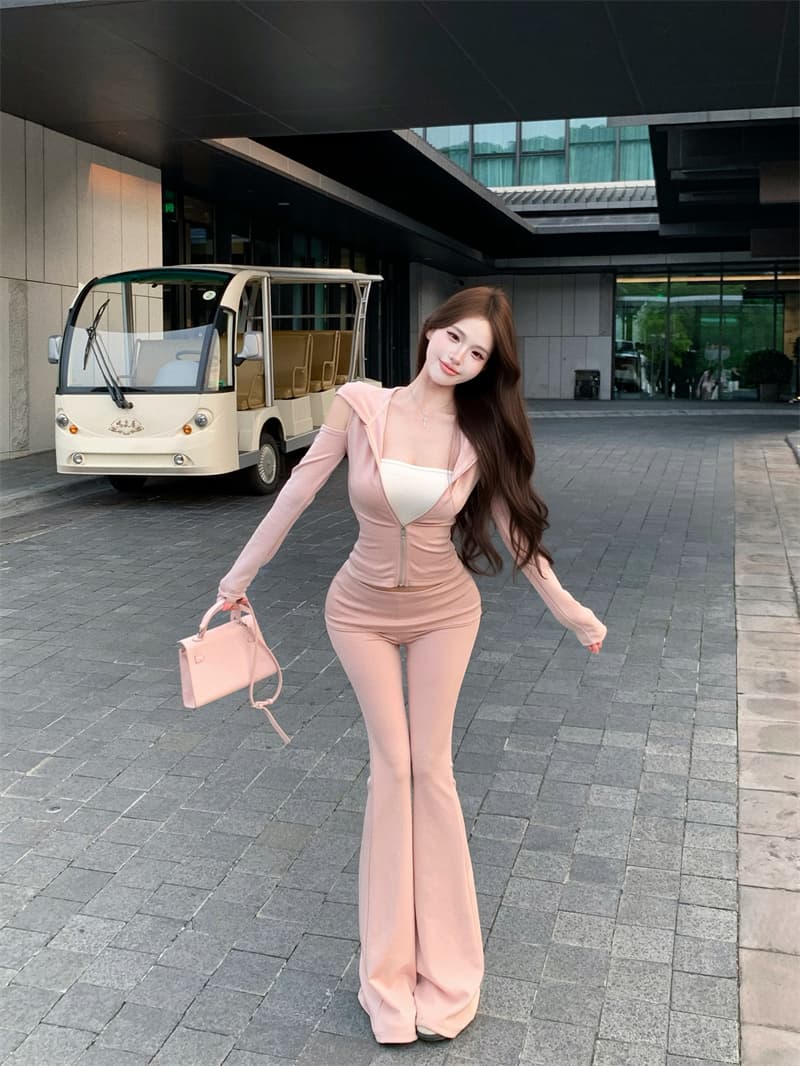 실사 후드 캐주얼 스포츠 슈트 오프숄더 재킷 나팔 바지 3종 세트 이중층 미끄럼 방지 스트립 닦아내 라. 가슴 안쪽 가져 가라. 이미지 2