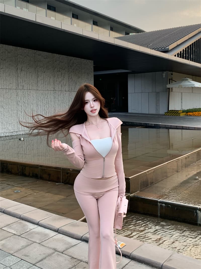 실사 후드 캐주얼 스포츠 슈트 오프숄더 재킷 나팔 바지 3종 세트 이중층 미끄럼 방지 스트립 닦아내 라. 가슴 안쪽 가져 가라. 상세 이미지 3