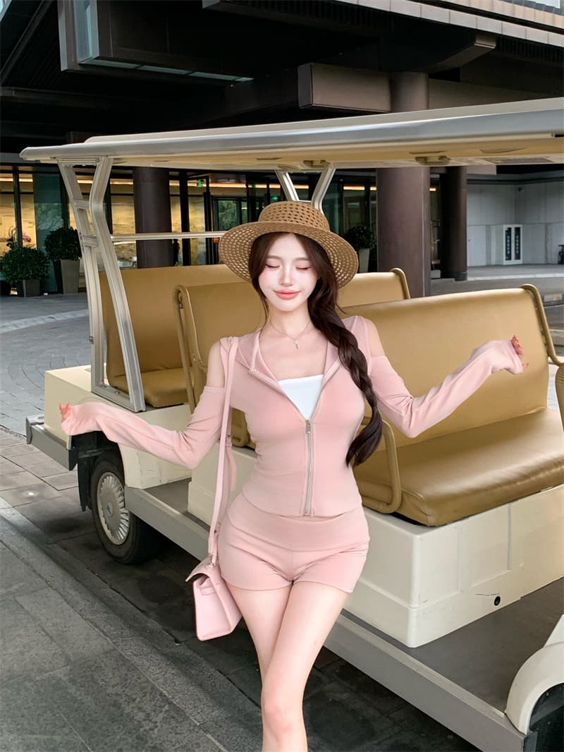 실사 후드 캐주얼 스포츠 슈트 오프숄더 재킷 나팔 바지 3종 세트 이중층 미끄럼 방지 스트립 닦아내 라. 가슴 안쪽 가져 가라. 상세 이미지 10
