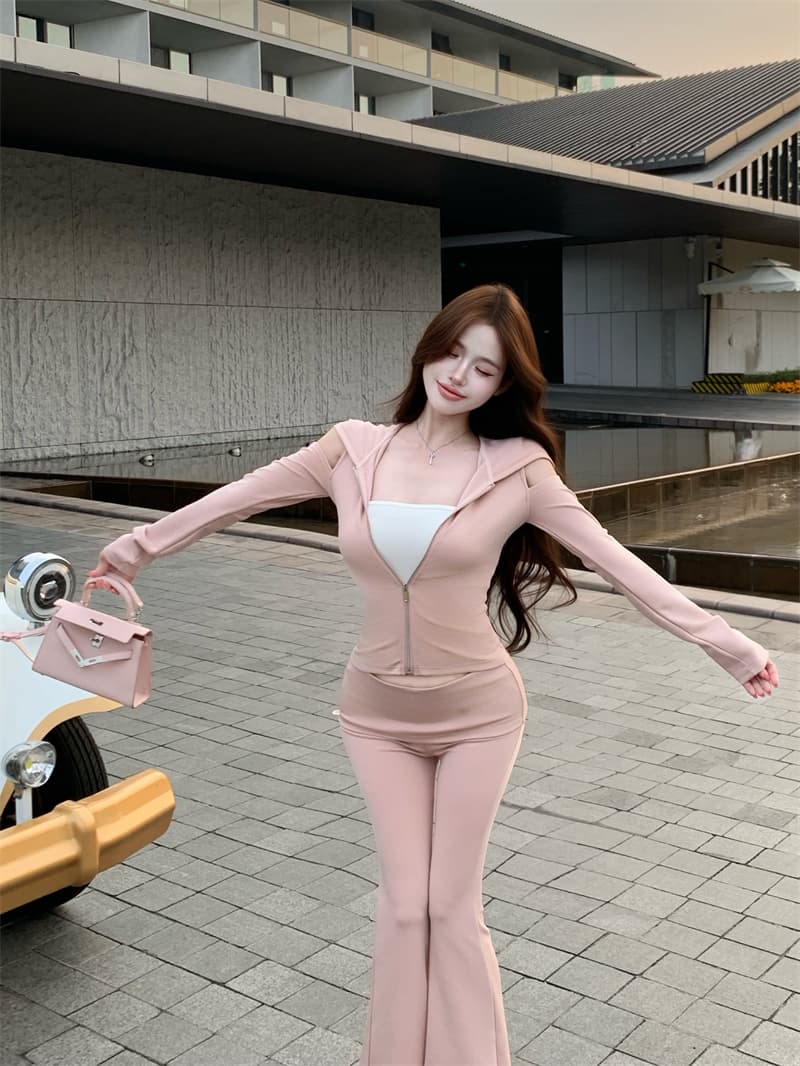 실사 후드 캐주얼 스포츠 슈트 오프숄더 재킷 나팔 바지 3종 세트 이중층 미끄럼 방지 스트립 닦아내 라. 가슴 안쪽 가져 가라. 상세 이미지 18