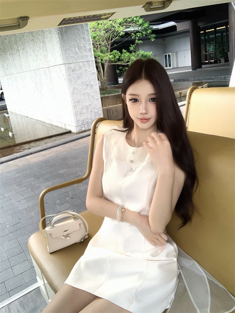 실사 무거운 작업 뒤로 부서 실 화이트 민소매 조끼 스커트 품격 허리 수축 미니 스커트 상세 이미지 13