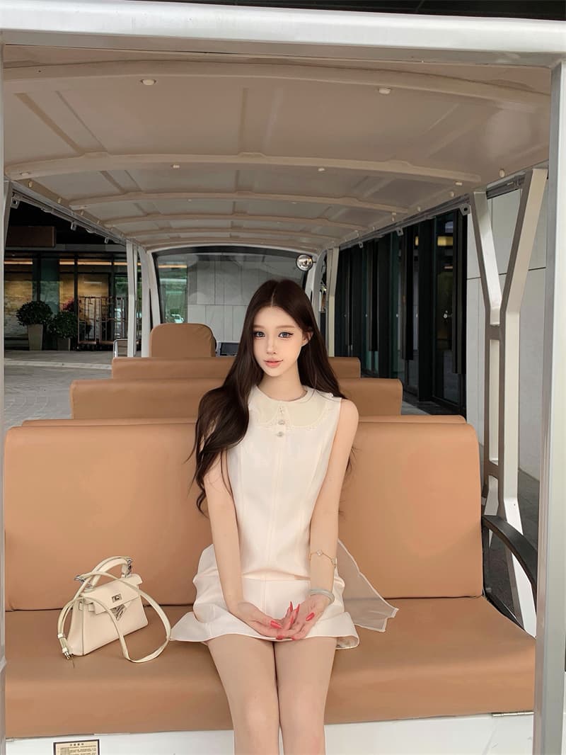 실사 무거운 작업 뒤로 부서 실 화이트 민소매 조끼 스커트 품격 허리 수축 미니 스커트 상세 이미지 14