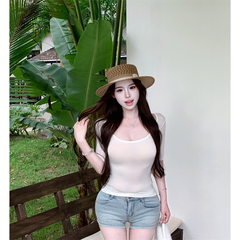 실사 대 u 칼라 몸매 가꾸기 중간 소매 맨위 여성 봄 슬림해 보이는 미니멀리즘 다용도 만나는 티셔츠 이미지 5