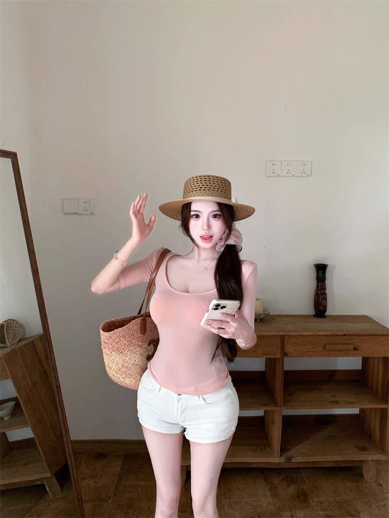 실사 대 u 칼라 몸매 가꾸기 중간 소매 맨위 여성 봄 슬림해 보이는 미니멀리즘 다용도 만나는 티셔츠 상세 이미지 6