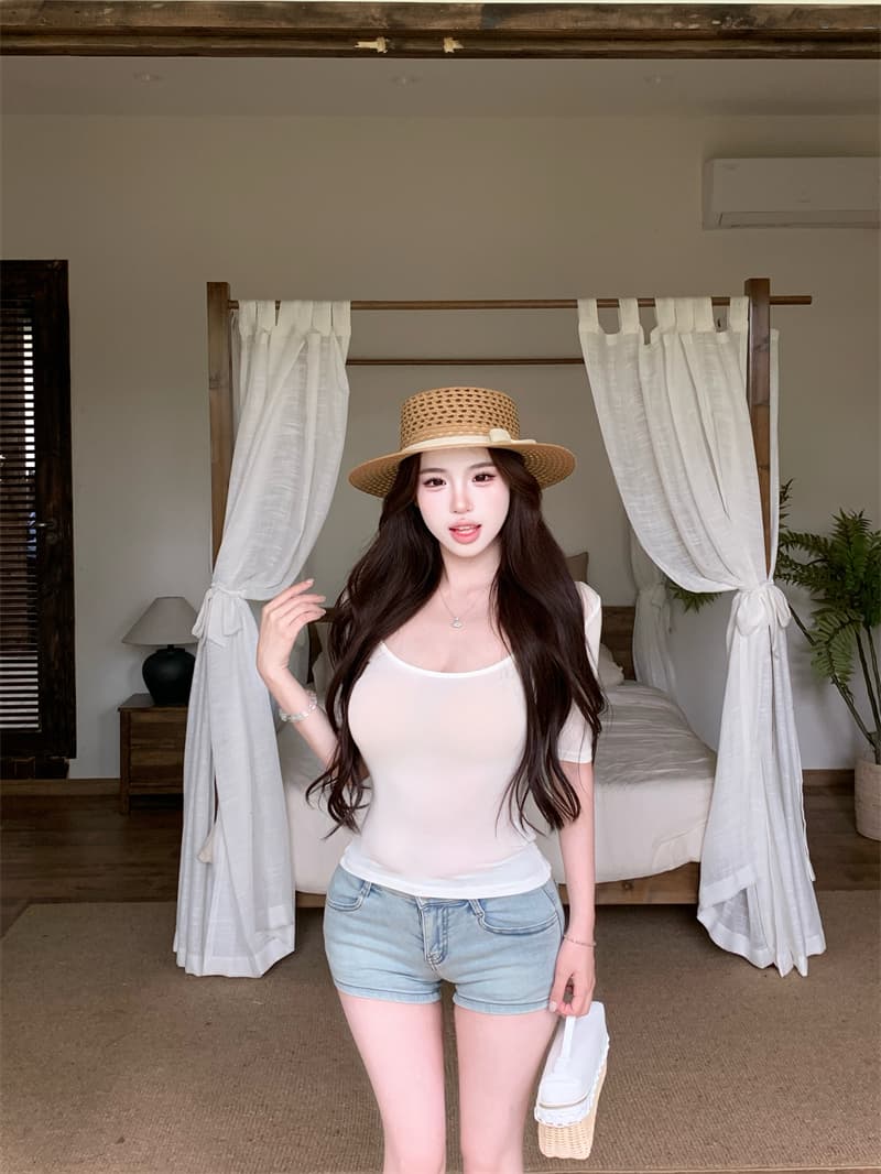 실사 대 u 칼라 몸매 가꾸기 중간 소매 맨위 여성 봄 슬림해 보이는 미니멀리즘 다용도 만나는 티셔츠 상세 이미지 16