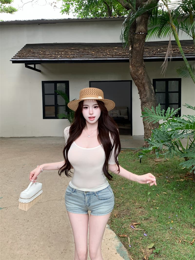 실사 대 u 칼라 몸매 가꾸기 중간 소매 맨위 여성 봄 슬림해 보이는 미니멀리즘 다용도 만나는 티셔츠 상세 이미지 21