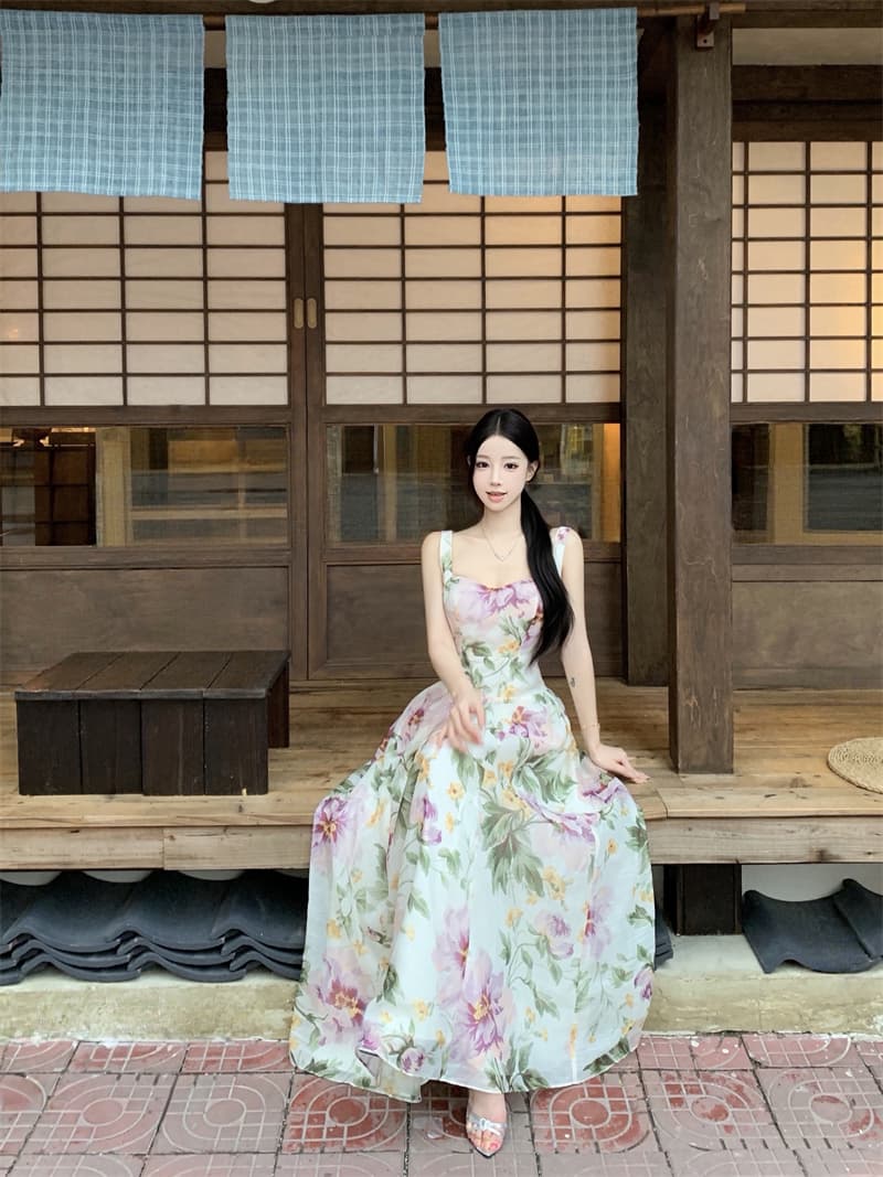 프랑스식 광장 칼라 품격 허리 수축 빅 플레어 스커트 통기성 모방 실크 프린트 드레스 이미지 2