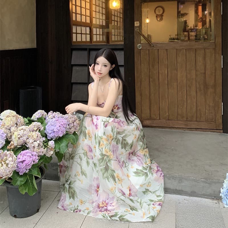 프랑스식 광장 칼라 품격 허리 수축 빅 플레어 스커트 통기성 모방 실크 프린트 드레스 이미지 5