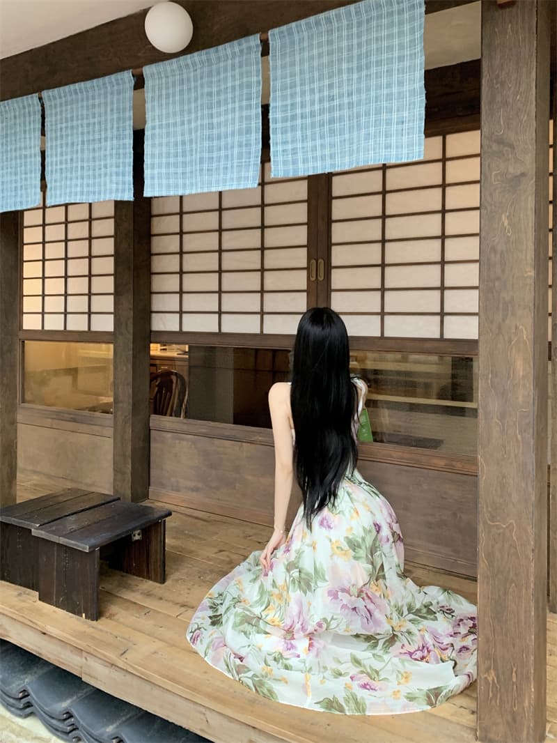 프랑스식 광장 칼라 품격 허리 수축 빅 플레어 스커트 통기성 모방 실크 프린트 드레스 상세 이미지 1