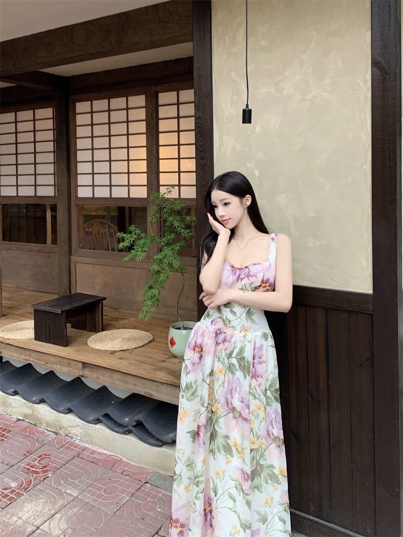 프랑스식 광장 칼라 품격 허리 수축 빅 플레어 스커트 통기성 모방 실크 프린트 드레스 상세 이미지 8